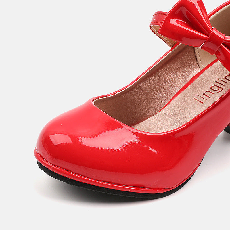 Girls' small leather shoes, children's high heels, spring 2025 new little girls' princess shoes, foreign bows, middle and big children