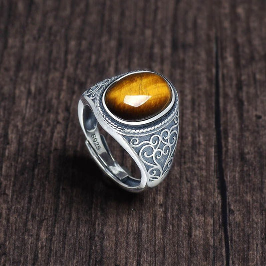 The new S925 silver tiger's eye stone live mouth men's ring retro style natural gift opening ring golden feeling