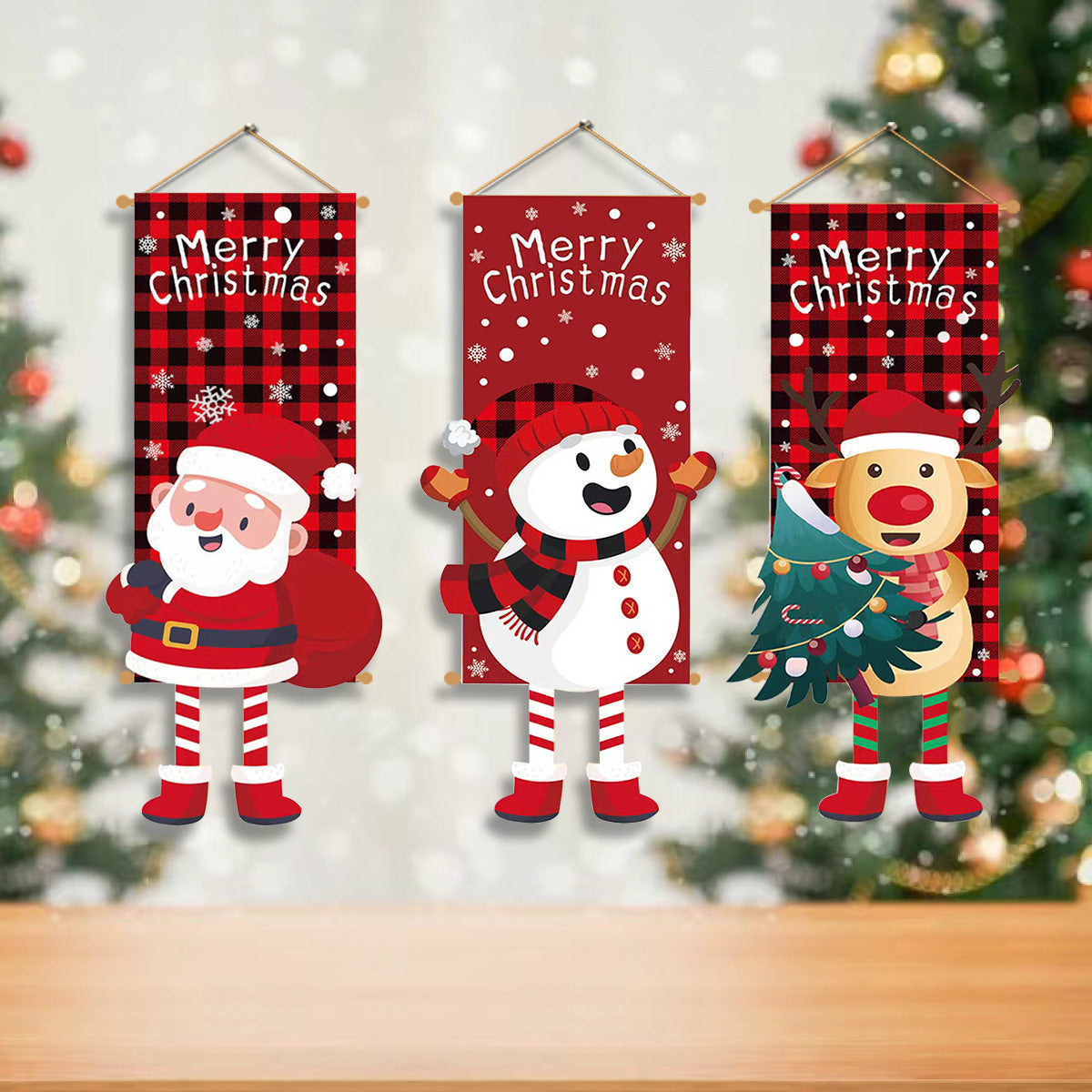 Cross-border classic plaid Christmas flag decoration couplet lantern elf family restaurant KTV shopping mall holiday decoration
