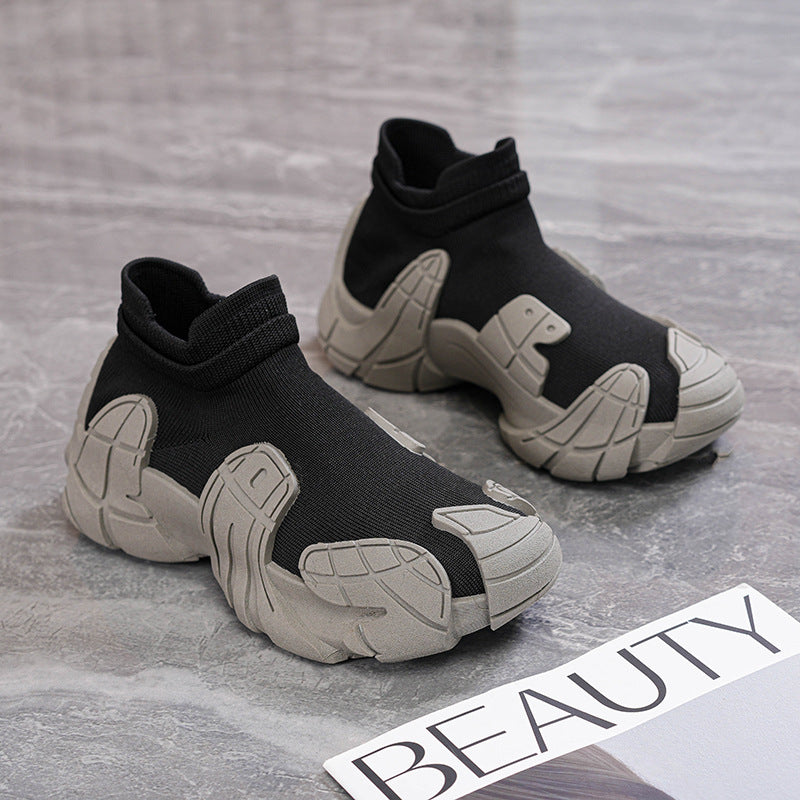 Douyin live broadcast popular elastic socks shoes and boots outdoor hiking sports windproof high-top mid-rise boots flying weaving casual women's boots