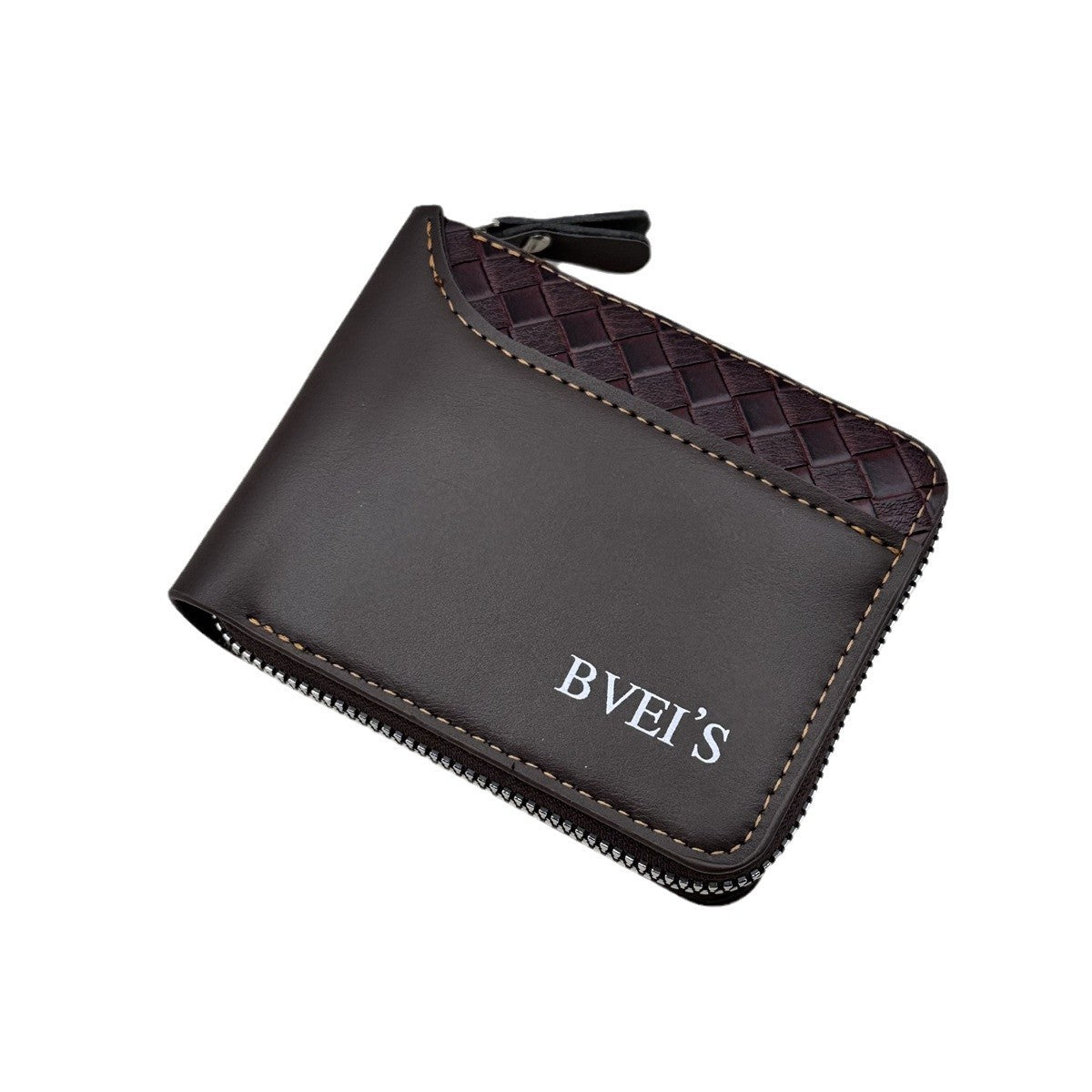 2024 new cross-border wallet men's short horizontal zipper wallet, bi-fold coin wallet, woven pattern stitching wallet