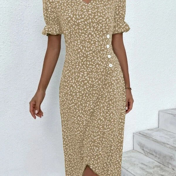 European and American independent station summer hot sale slim women's geometric collage puff sleeves irregular hem dress