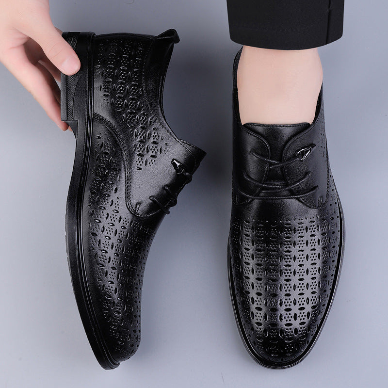 2025 spring and summer men's business leather shoes, the upper layer of cowhide, high-end sense of luxury, men's holes, casual leather shoes, hollow shoes