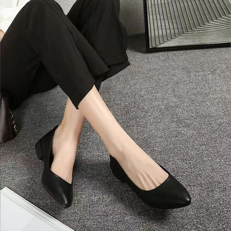 Leather pointed-toe block heel flat single shoes professional women's shoes black work shoes soft soles bank hotel office shoes new style