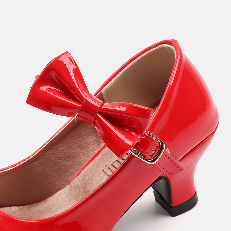 Girls' small leather shoes, children's high heels, spring 2025 new little girls' princess shoes, foreign bows, middle and big children
