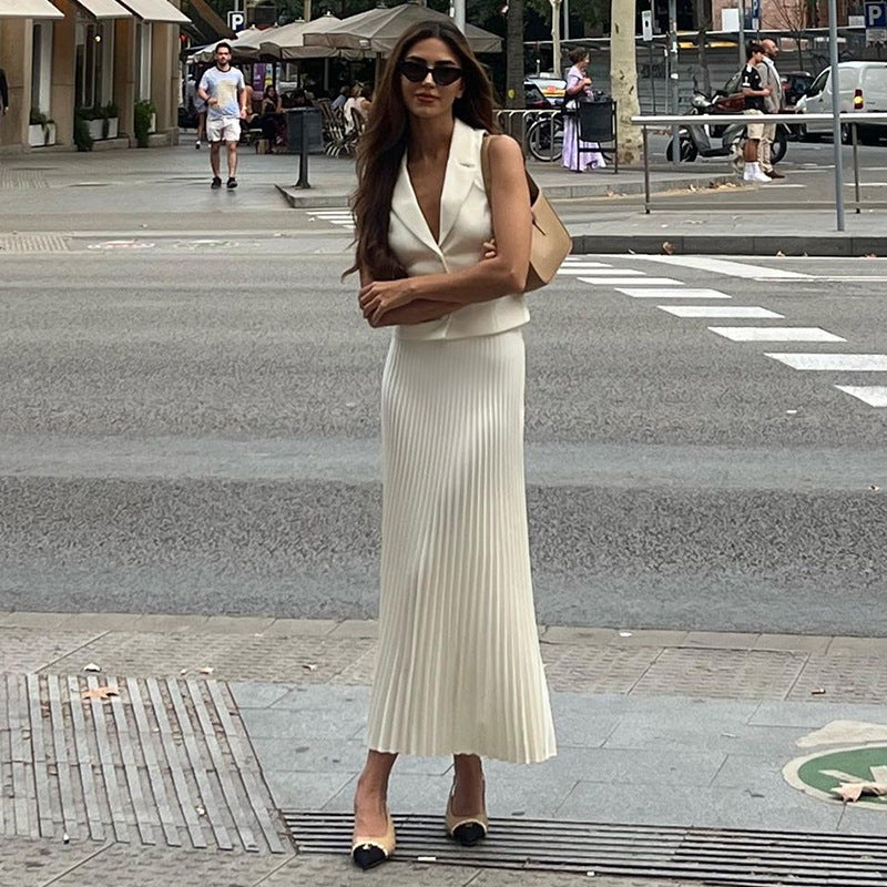 European and American cross-border women's clothing 2024 summer new suit collar suit vest top mid-length pleated skirt set