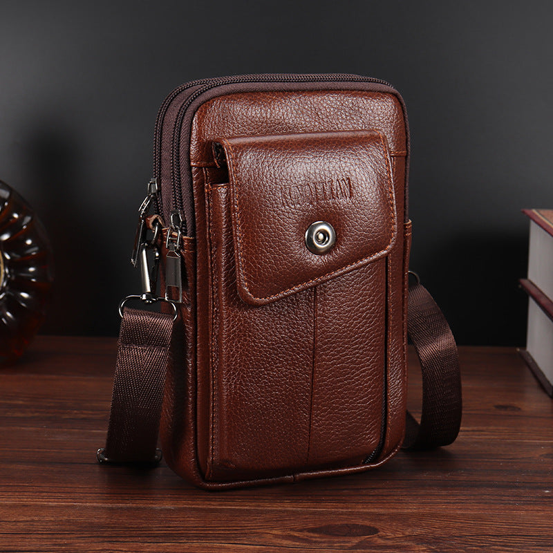 New top layer cowhide men's crossbody bag outdoor shoulder bag mobile phone bag casual mini leather wearing belt bag