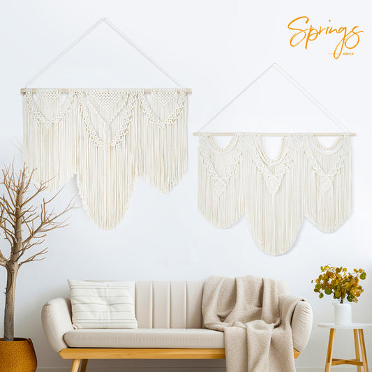 Spliced three-section stick decoration tapestry Hand woven tapestry cotton rope woven tassel door curtain interior and exterior decoration