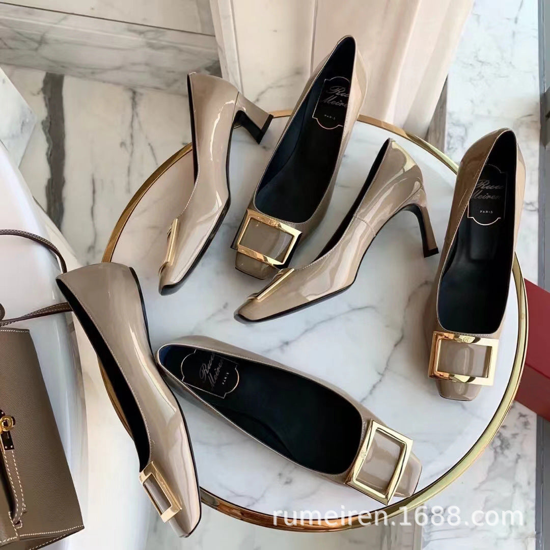 Fall 2024 RV Home Thin Heel Sexy Square Buckle Single Shoes Women's Square Toe Block Heel High Heels Pumps Wedding Shoes Fashion Shoes Women
