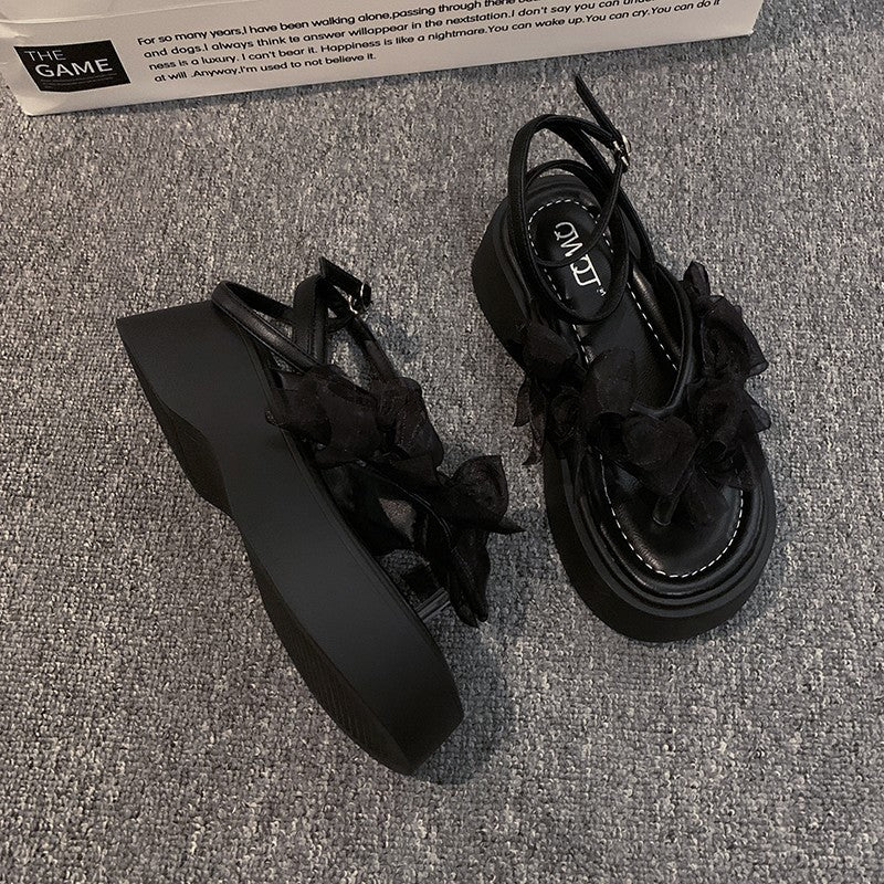 Fairy style platform sandals women's 2024 summer new wear fashion bow versatile heightened beach shoes women's tide