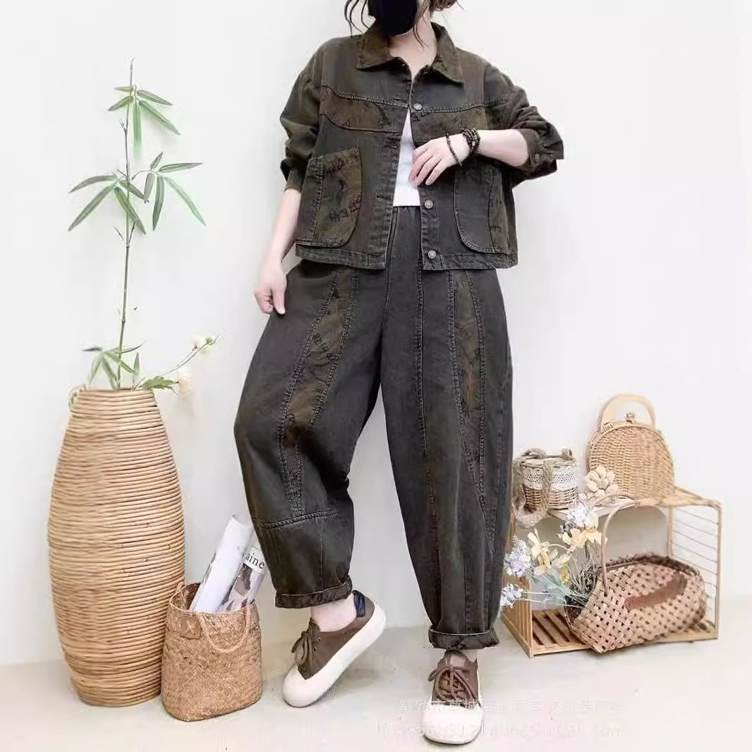 Fall 2024 vintage embroidered floral denim suit lapel cardigan with large pockets elasticated waist baggy jeans