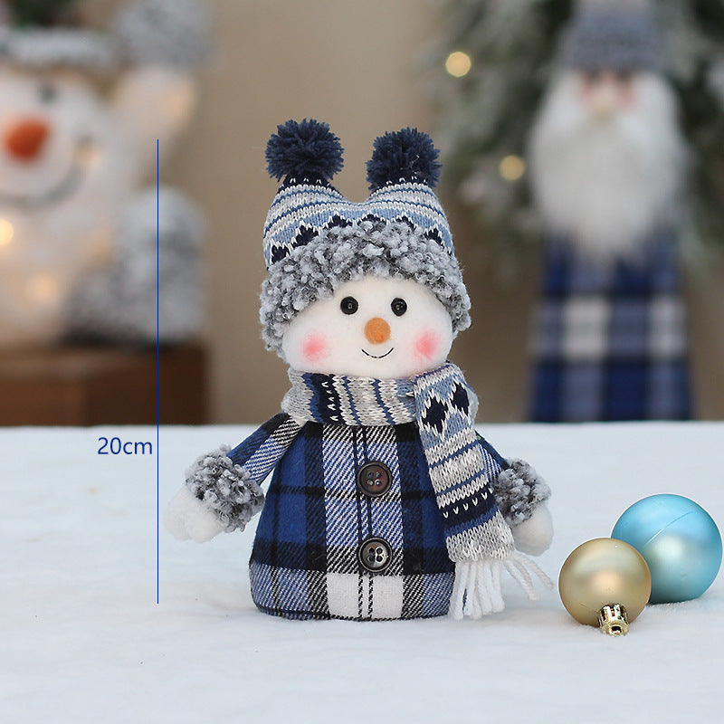 Cross-border Christmas decorations ski snowman doll tabletop doll blue plaid fabric Christmas iron foot snowman ornament
