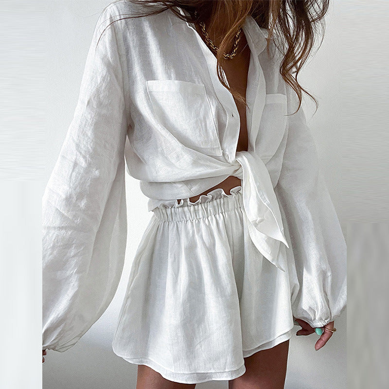 2025 amazon Europe and the United States cross-border women's casual solid color ruffle shorts shirt early spring lazy wind suit women