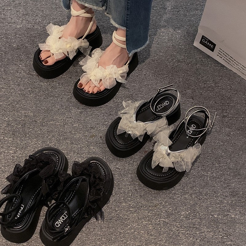 Fairy style platform sandals women's 2024 summer new wear fashion bow versatile heightened beach shoes women's tide