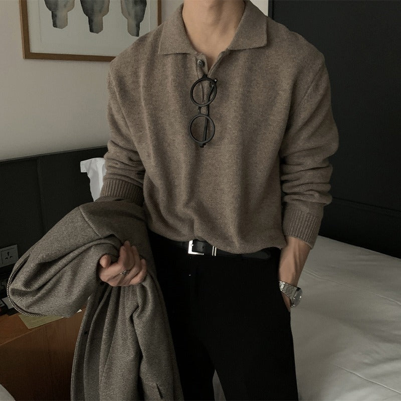 New sweater men's trend DongdaemunKorean men's lapel designer polo collar skin-friendly loose knit