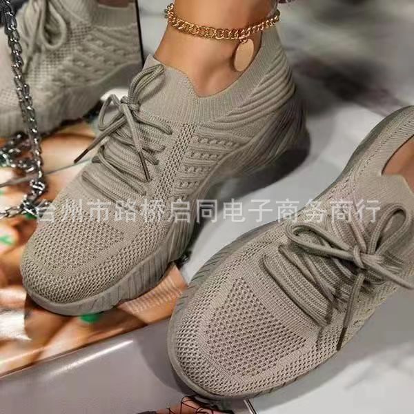 2022 new foreign trade large size women's shoes sports shoes women's lace-up mesh thick-soled casual flying woven shoes breathable low-heeled shoes