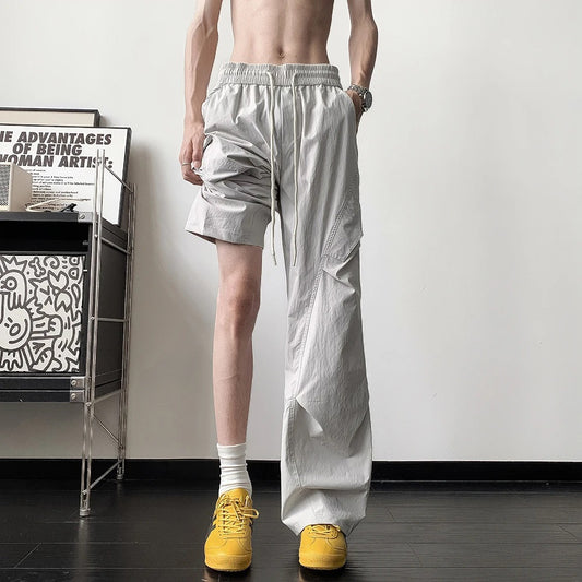 Summer thin casual ice silk cargo pants men's trend design sense is versatile, loose and breathable, American high street trousers
