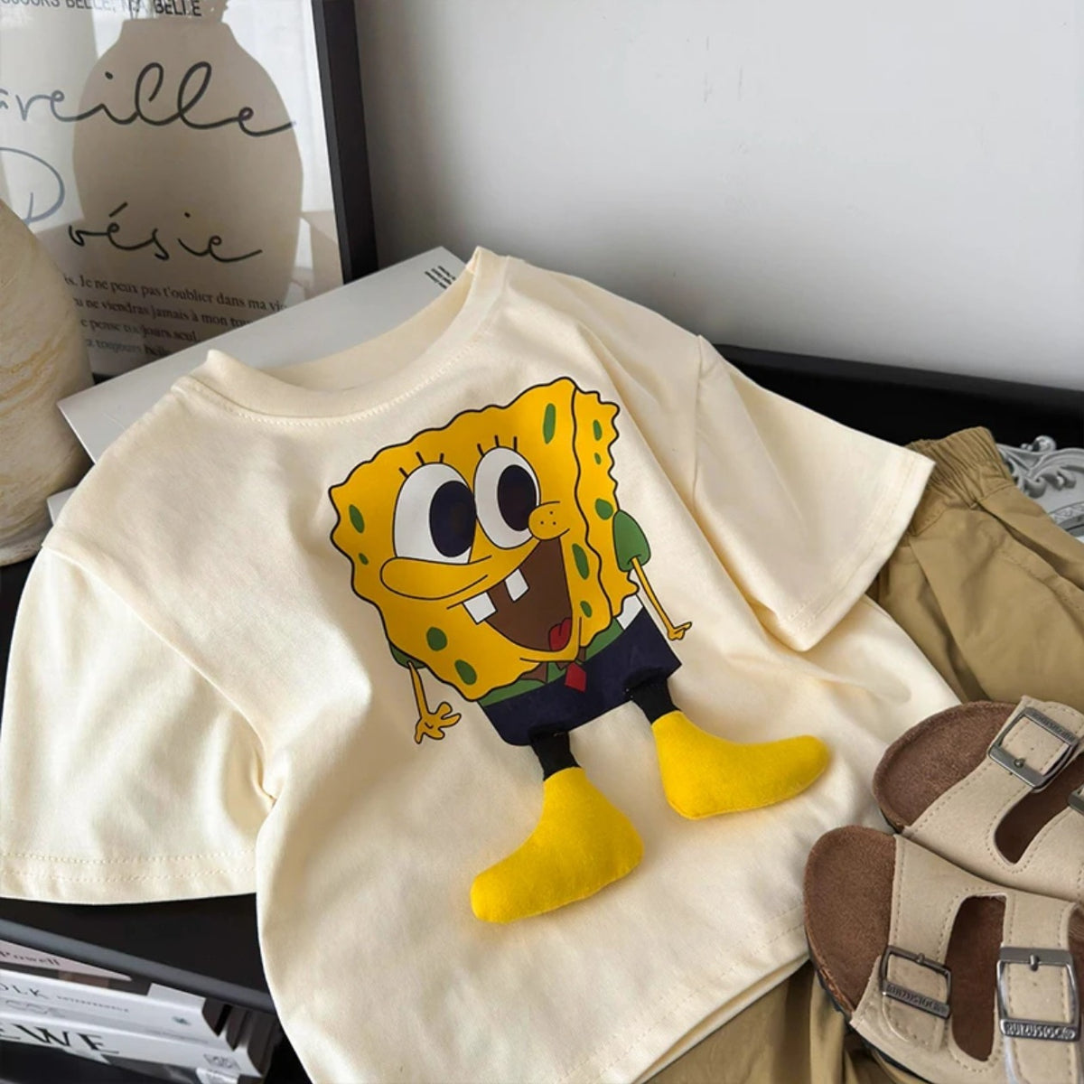 Summer boys and girls short sleeve small and medium-sized children three-dimensional doll t-shirt cute SpongeBob SquarePants print cartoon top tide