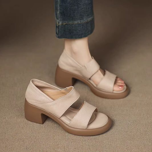 Soft leather version ~ 6cm ultra-soft leather soft sole with fish mouth sandals for women wearing block heels and high heels Roman shoes in summer