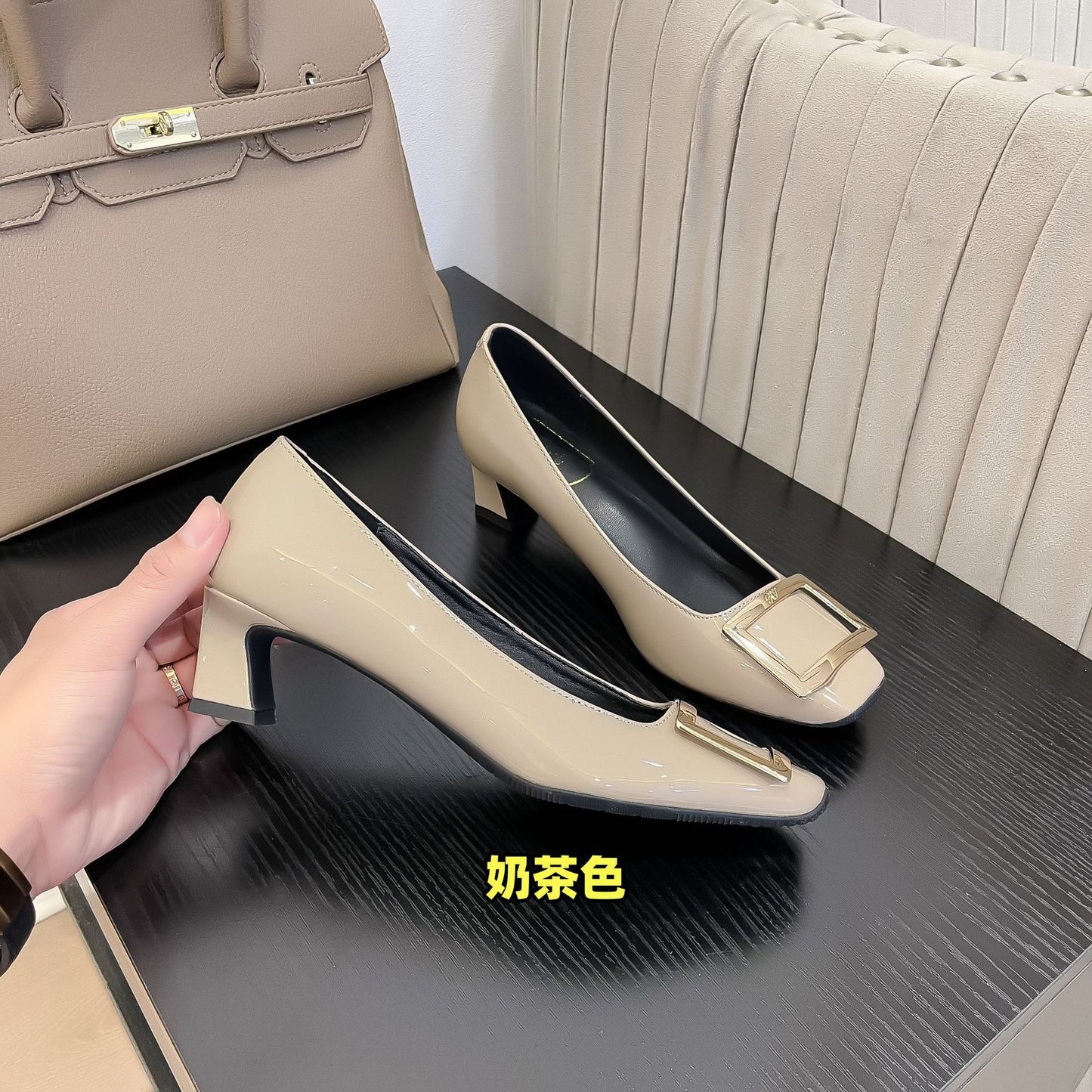 Patent leather square buckle high heels, single shoes, thick heels, medium heels, square toe pumps, women's shoes, commuting office lady, workplace style, thin heel women's shoes