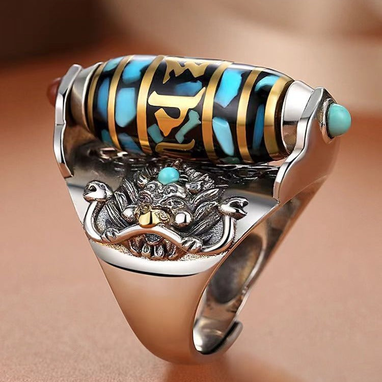 Six-character mantra dzi dzi turn ring men's national tide dapeng bird personality couple ring ring