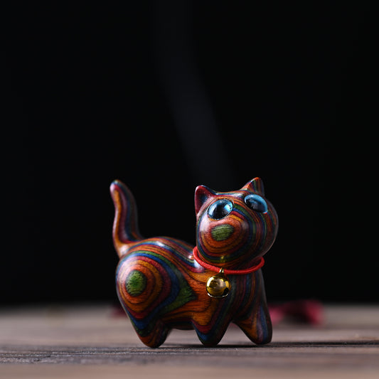 Rainbow wood carving cute cat handle piece rainbow tilted head kitten mini tabletop ornament crafts home ideas