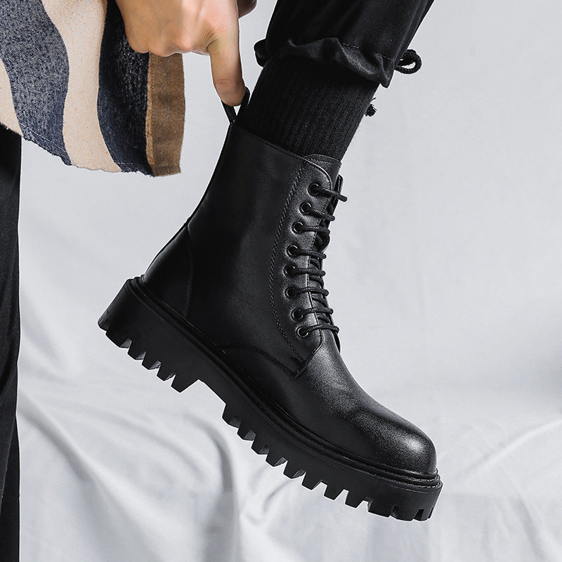 Internet celebrity popular Martin boots men's high-top trendy spring and autumn British style retro mid-top leather shoes increased black leather boots