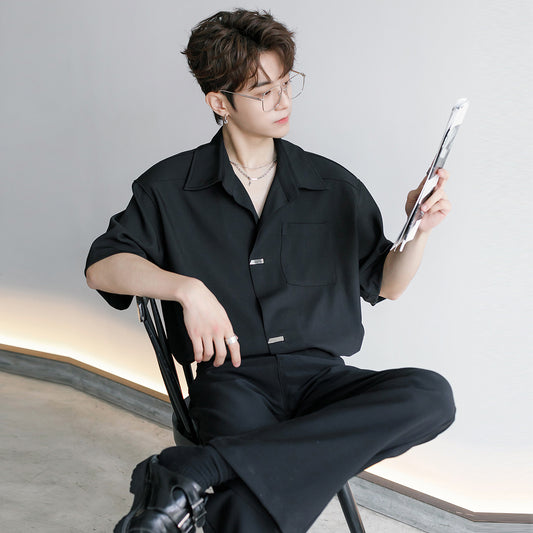 2024 men's summer high-end sense light mature men's handsome casual short sleeve boys black shirt three-quarter sleeve top