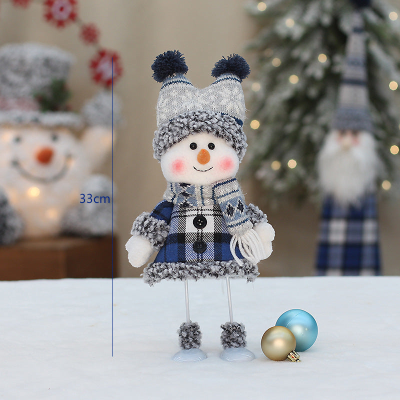 Cross-border Christmas decorations ski snowman doll tabletop doll blue plaid fabric Christmas iron foot snowman ornament