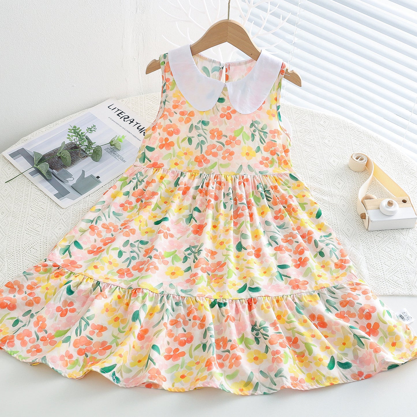 Girls Floral Cotton Silk Dress Summer New Children's Rayon Skirt Medium and Big Boy Doll Collar Princess Dress