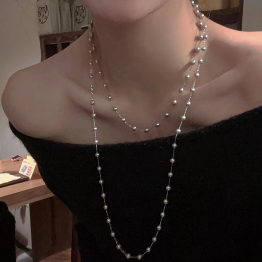 New faux pearl double-layered necklace cross-border exquisite fashion clavicle chain French temperament light luxury sweater chain