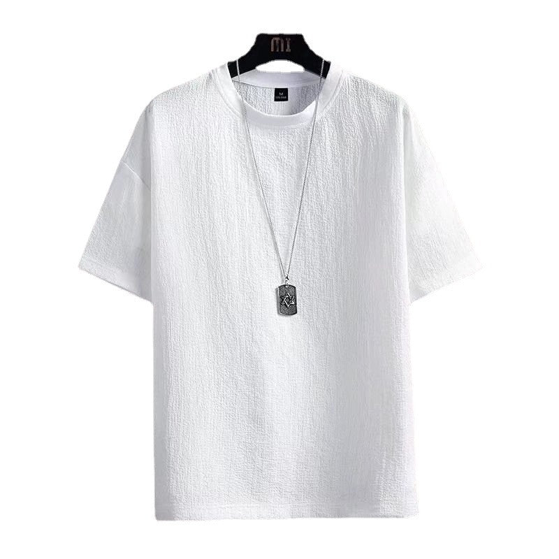 Summer new half sleeve shirt cotton linen short sleeve t-shirt men's solid color loose base shirt white five-quarter sleeves