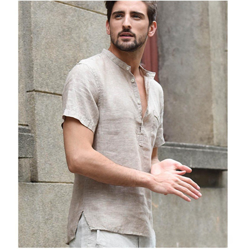 European and American hot sale men's solid color stand-up collar semi-open thin short-sleeved shirt tops foreign trade men's clothing