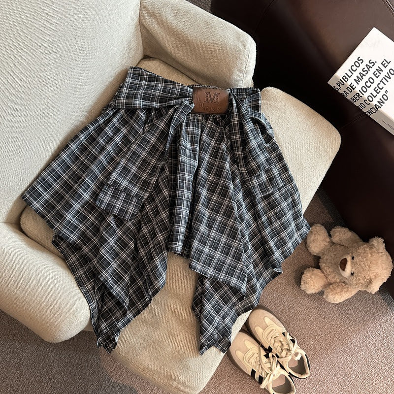 Retro preppy irregular check skirt women's summer new design sense niche strappy a-line skirt