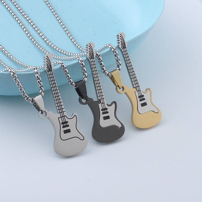 Guitar necklace men's hip hop titanium steel pendant men's and women's rock 'n' roll personality jewelry pendant sweater chain stainless steel jewelry