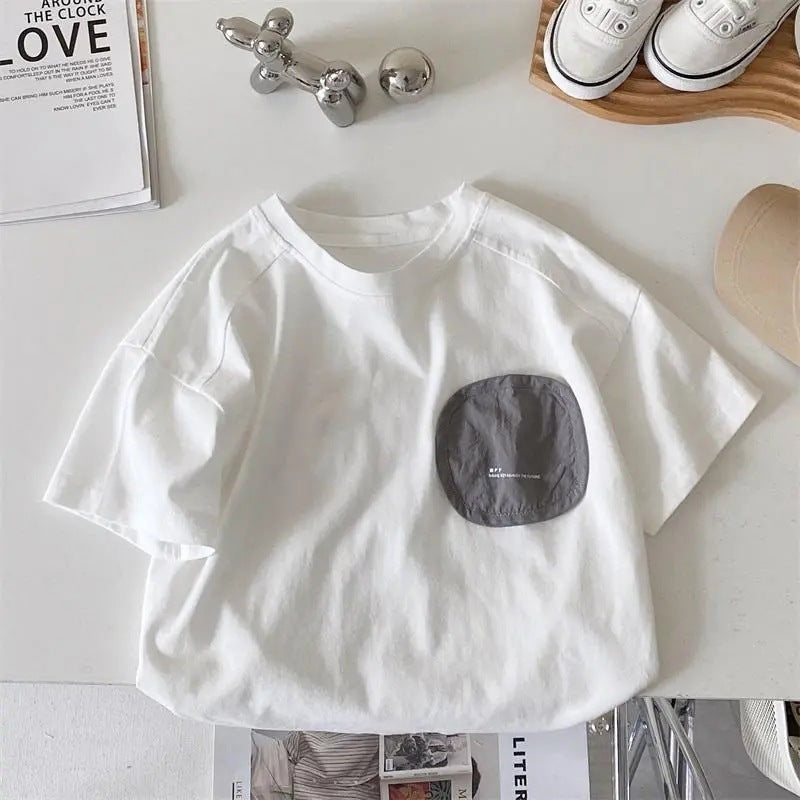 boy short sleeve t-shirt summer dress loose crew neck white hip hop casual print tide summer kids baby top men