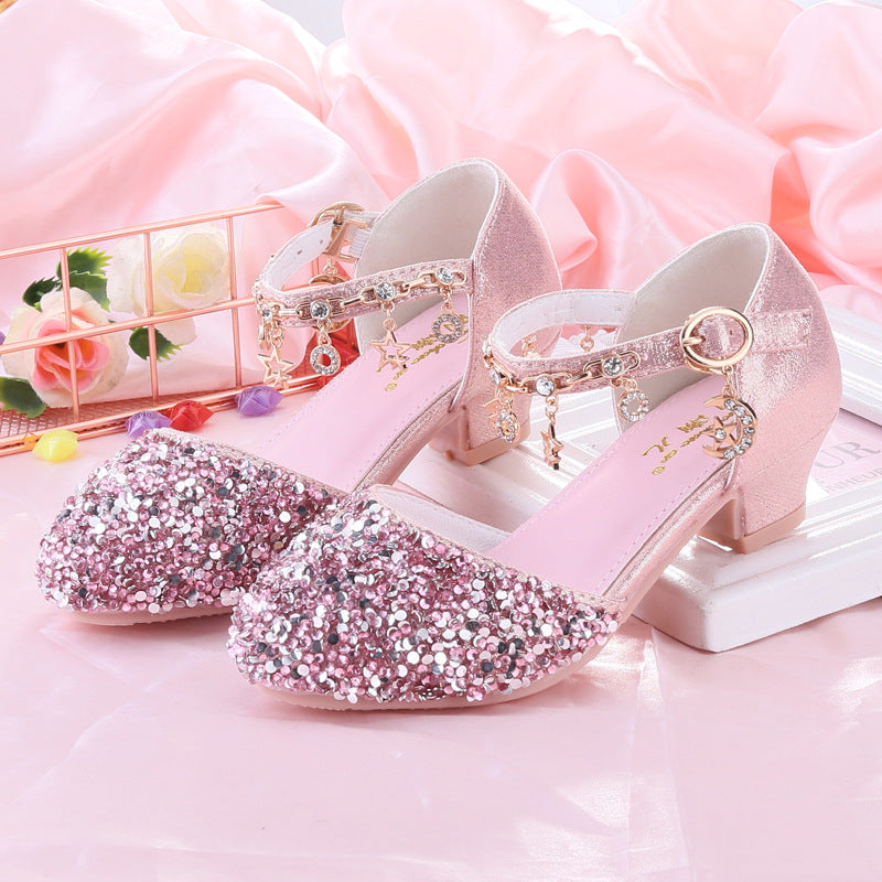 Girls high heels little princess stage show catwalk piano silver with evening dress flower girl crystal girl