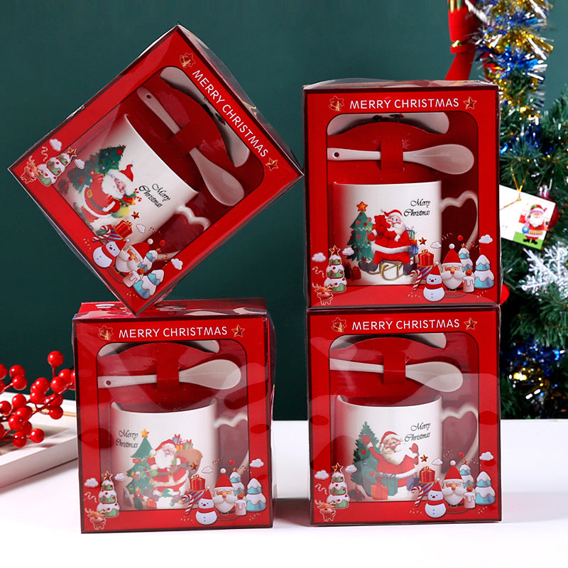 Cross Border Water Cup Christmas Gift Cartoon Personality Santa Claus Ceramic Mug Breakfast Cup Practical Gift Set
