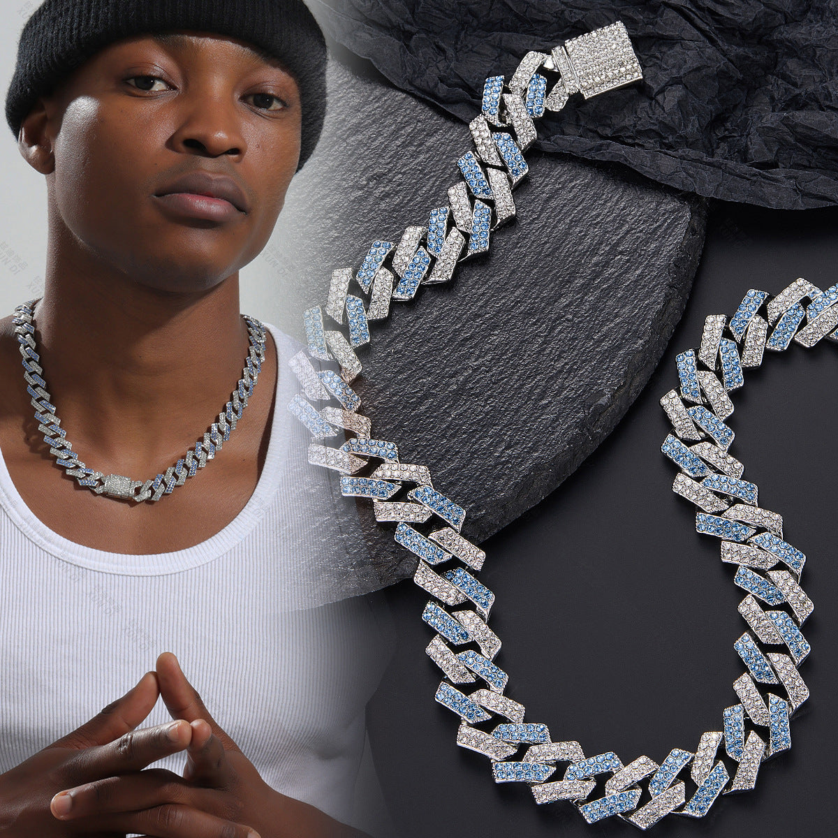 [Source Factory] European and American New Full Diamond Hip Hop Cuban Chain Men's Necklace 15mm Premium Pendant with Diamond
