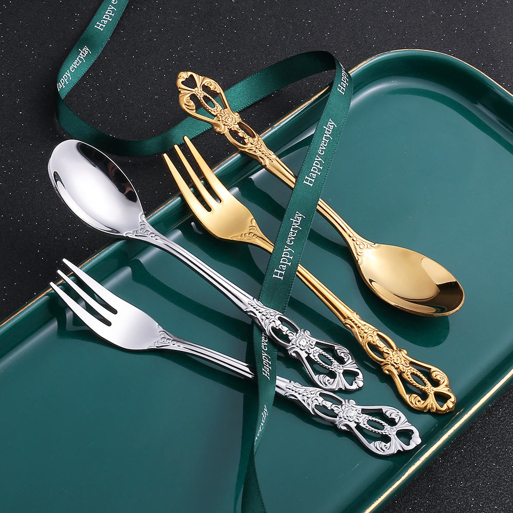Royal Hollow Embossed Dessert Spoon Three-Tooth Fork Stirring Spoon Set European Style Carved Tableware Gift Vintage Spoon