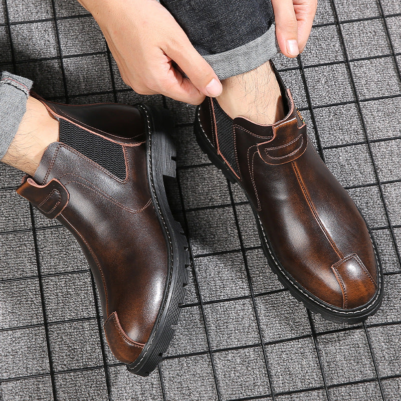 Chelsea boots men's British style Martin boots high-top leather winter plus velvet warm mid-top boots men's thick-soled ankle boots