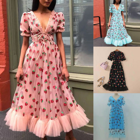 2023 Cross Border Dress French Strawberry Four Color Sequins Sweet Long Skirt Mesh Tie Slim Fit Fashion Dress