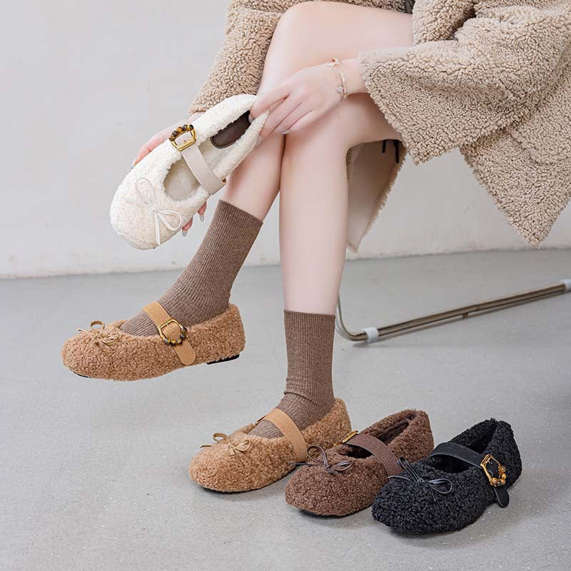 9727 Korean bow cashmere wool shoes women's 2025 autumn and winter new flat one-button Mary Jane shoes