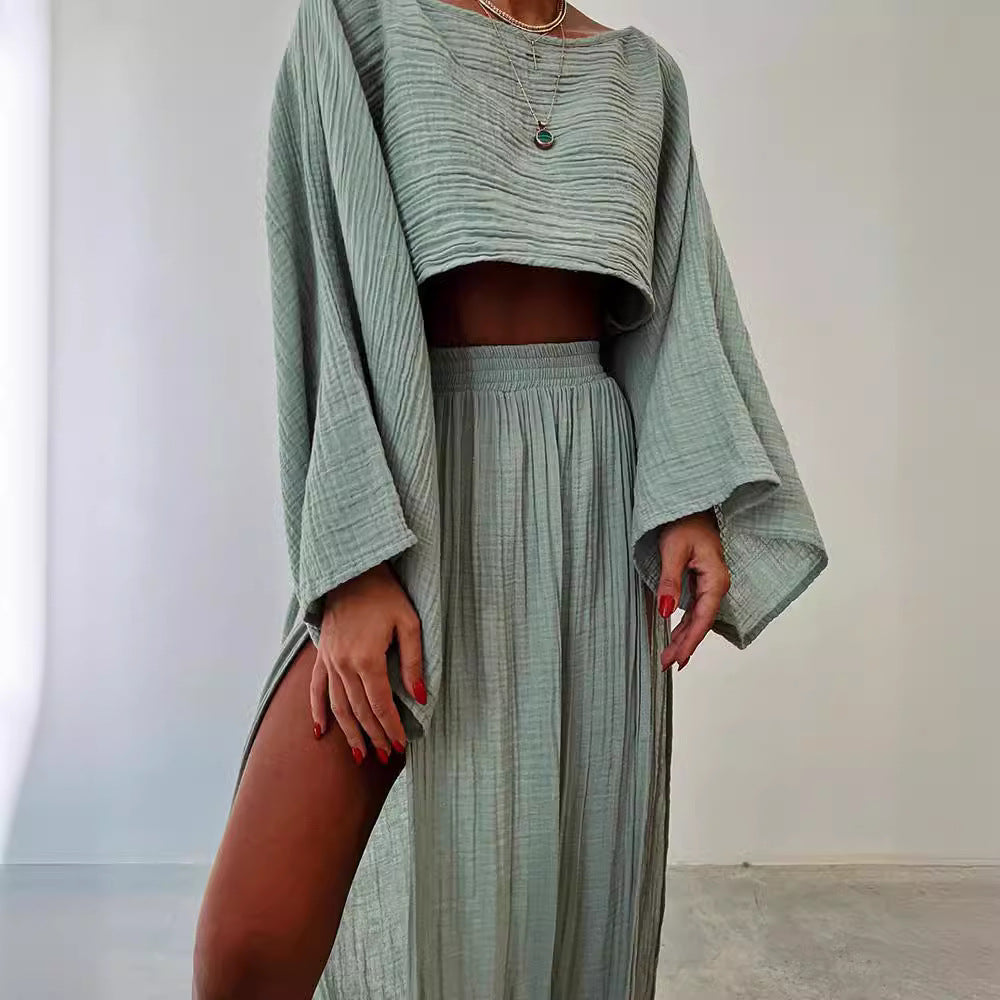 2024 casual vacation linen-blend crop top, high-waisted chic slit, cotton and linen casual two-piece set