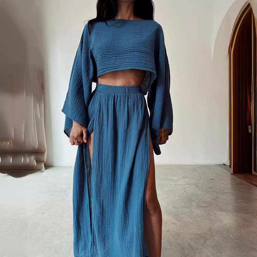 2024 casual vacation linen-blend crop top, high-waisted chic slit, cotton and linen casual two-piece set