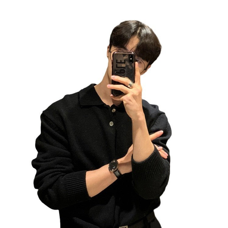 New sweater men's trend DongdaemunKorean men's lapel designer polo collar skin-friendly loose knit