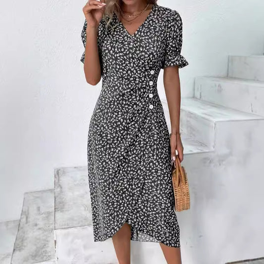 European and American independent station summer hot sale slim women's geometric collage puff sleeves irregular hem dress