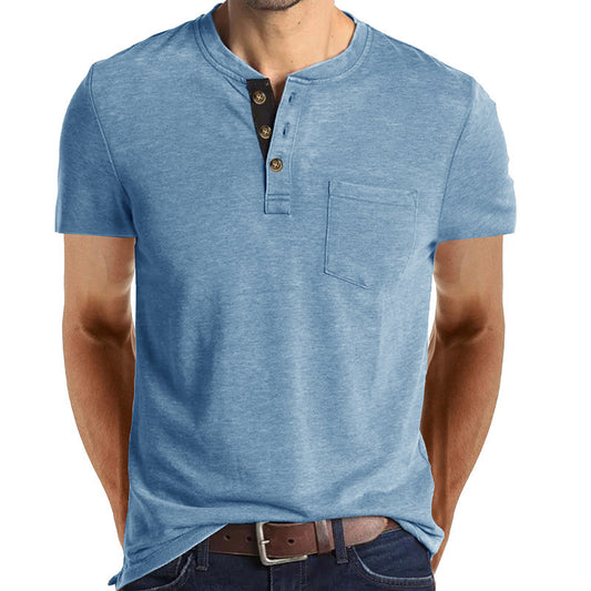2024 Summer Europe and America Men's Short Sleeve T-Shirt Foreign Trade Men's Henley T-shirt Cross Border Clothing Crew Neck Top