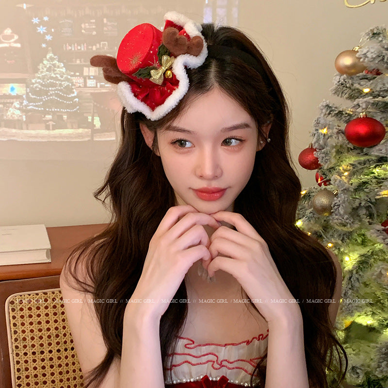 Christmas forest antler hat hairpins with cute plush three-dimensional Santa hat headdresses with sweet hairpins