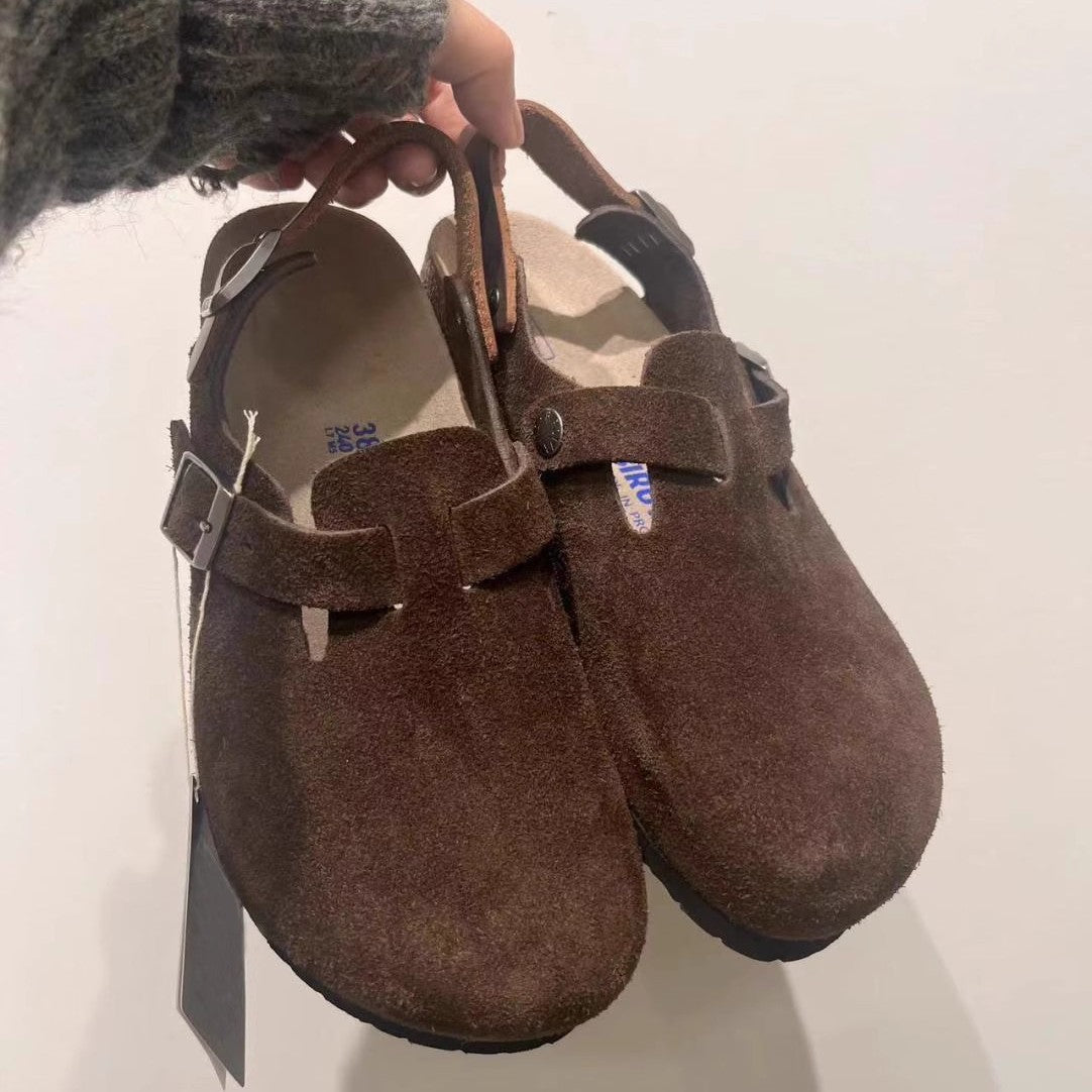 [Spot] vintage brown heel with Birkenstock shoes women's two wear leather toe single shoes thick-soled Boken half slippers
